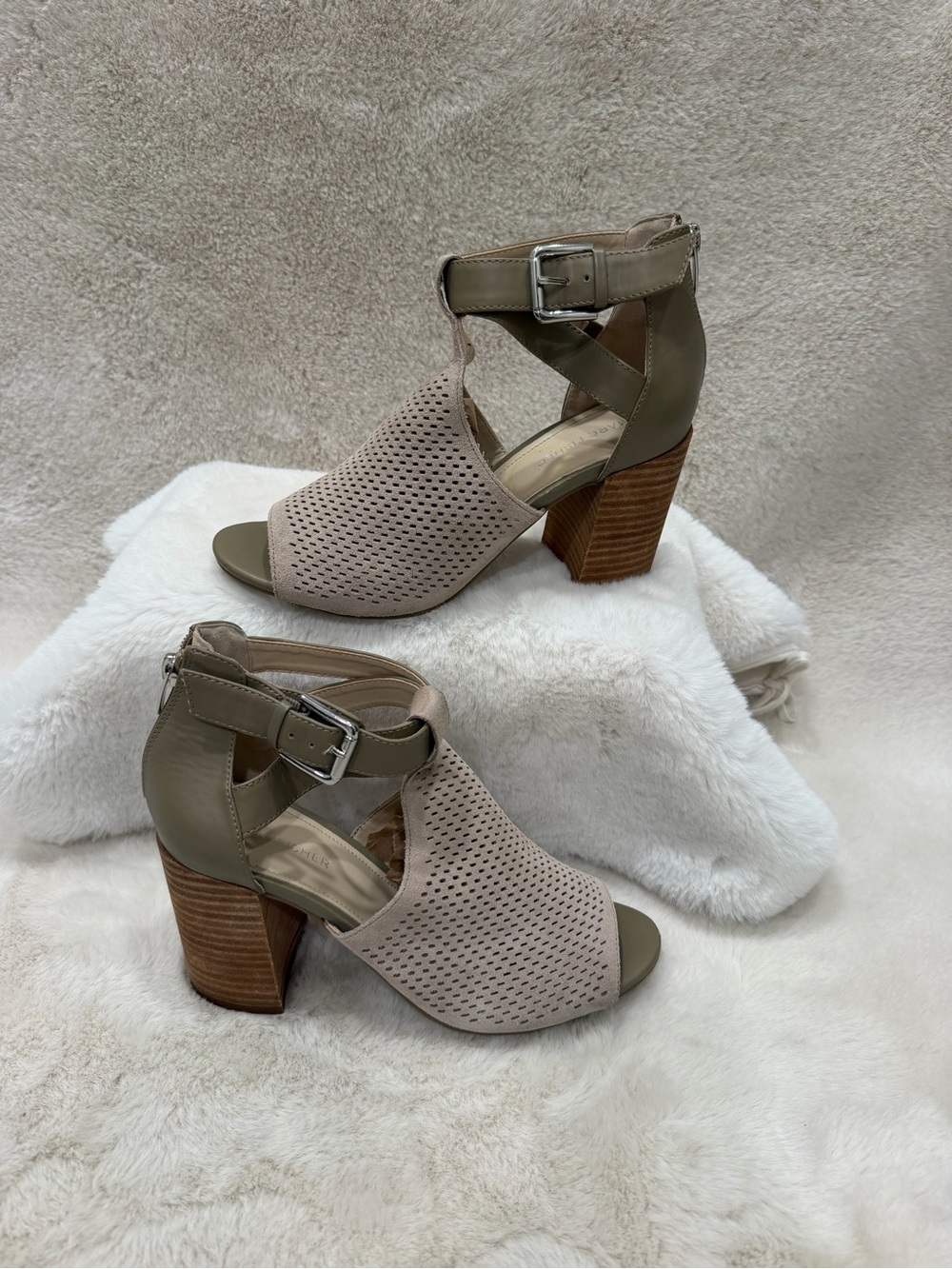 Marc Fisher Women's Taupe Two-Tone Perforated Block Heel Sandals